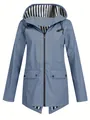 Detail of women's lightweight hooded windbreaker jacket with striped lining in blue - Aqua