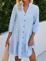 Detail view of blue and white gingham shirt dress with stand collar and 3/4 sleeves - S / Tops / Sky Blue