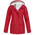 Red fleece-lined hooded outdoor jacket with warm white lining and front pockets - S / Tops / Red