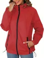 Close-up showing the zipper and hood detail of a red outdoor jacket for women - S / Tops / Red