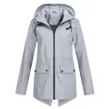 Women's lightweight hooded windbreaker in light grey with front zipper and flap pockets. - S / Tops / Gray