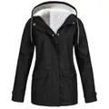 Close-up view of women's black hooded outdoor jacket with white fleece lining details - S / Tops / Black