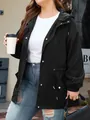 Close-up detail of women's black waterproof hooded outdoor windbreaker jacket with snaps - 0XL / Tops / Black