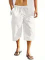Detail view of men's white cotton linen casual beach shorts with drawstring waist - M / White