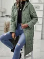 Detailed view of women's long hooded quilted casual jacket in elegant sage green - S / Tops / Army Green