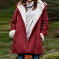 Front detail of women's burgundy mid-length coat with white sherpa fleece lining - S / Tops / Red