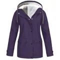 Close-up of women's purple winter hooded jacket featuring a warm white fleece lining. - S / Tops / Purple