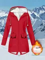 Close-up detail of women's red hiking jacket showing warm white fleece lining with flame graphic - S / Tops / Red