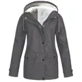 Front view of grey hooded windbreaker with warm white fleece lining and button closure - S / Tops / Gray