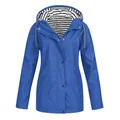 Detailed view of women's blue outdoor waterproof jacket featuring a striped hood lining - Sapphire Blue