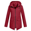 Full front view of women's lightweight red hooded windproof jacket featuring large pockets - Burgundy