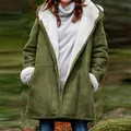 Manteau à capuche vert mi-long pour femme avec doublure chaude en polaire sherpa blanche - Vert Militaire