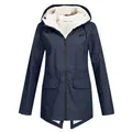Detail showing the white sherpa fleece lining and hood of this navy blue outdoor jacket - S / Tops / Navy Blue