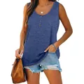 Detail view of casual blue sleeveless tank top with round neck and buttons for women - Navy Blue