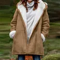 Brown fleece-lined hooded winter coat for women with warm faux suede finish and hood - S / Tops / Brown