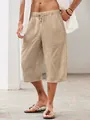 Detailed view of khaki men's cotton linen casual beach shorts with a drawstring waist - M / Dark Khaki