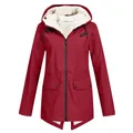 Detailed front view of women's red waterproof fleece lined hooded outdoor jacket - Red