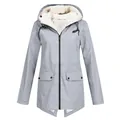 Detail view of light gray fleece lined hooded windbreaker with water-resistant fabric - S / Tops / Gray