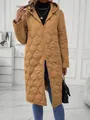 Detailed macro view of a women's camel-colored long hooded quilted jacket with double zipper - S / Tops / Khaki