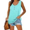 Close-up of women's sleeveless mint green tank top with button-front detail - Bright Green