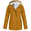 Detailed close-up view of a mustard yellow fleece-lined hooded outdoor windbreaker jacket - S / Tops / Khaki