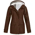 Front view of a brown fleece-lined hooded outdoor jacket with pockets - S / Tops / Brown