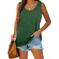 Dark green sleeveless tank top with round neck and buttons, loose fit casual style - 3XL / Tops / Green