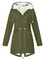 Detailed front view of an olive green outdoor jacket featuring a warm white fleece lining - Green