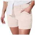 Primer plano de pantalones cortos casuales de sarga elástica con bolsillos en beige - S / Bottoms / Blanco Roto