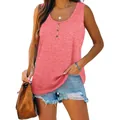 Women's casual sleeveless button-front henley top in heathered pink paired with denim shorts - 3XL / Tops / Pink
