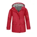 Vista frontale di una giacca a vento rossa con cappuccio e fodera a righe alla moda - 120cm / Top / Rosso