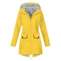 Bright yellow women's outdoor waterproof hooded jacket featuring striped lining details - S / Tops / Yellow