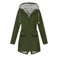 Detailed view of dark green waterproof outdoor jacket with striped hood lining - S / Tops / Army Green