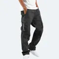 Side view detail of men's dark gray cargo pants featuring functional zipper pockets - S / Bottoms / Black