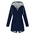 Full front view of a navy blue waterproof hooded outdoor jacket with stylish striped lining - S / Tops / Navy Blue