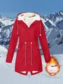 Detailed view of a red fleece-lined winter outdoor jacket with hiking mountain background - S / Tops / Red