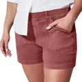 Vista detallada de pantalones cortos casuales de sarga elástica con bolsillos funcionales - S / Bottoms / Tostado
