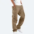 Detail of khaki men's cargo pants with white side zipper pocket design - S / Bottoms / Dark Khaki