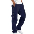 Vista detallada de los pantalones cargo azul marino para hombre con cremallera lateral - Azul marino