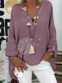 Casual mauve cotton linen V-neck shirt with a beautiful white dandelion print design - S / Tops / Purple