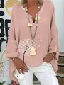 Elegant V-neck cotton linen blouse featuring a delicate white dandelion print for women - S / Tops / Pink
