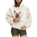 Detail van crème fleece hoodie met een grote functionele zak voor het dragen van huisdier - Melkwit