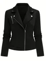 Vista dettagliata della giacca moto nera da donna con un elegante motivo a trama diagonale - Taglia S / Top / Nero