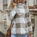 Cozy women's plaid fleece pullover featuring buttoned stand collar and soft texture. - S / Tops / Khaki