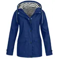 Imperméable femme bleu foncé avec capuche doublée de rayures pour activités de plein air - M / Hauts / Bleu