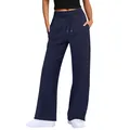 Dunkelblaue High-Waist-Sweathose mit weitem Bein und Kordelzug in voller Länge - S / Unterteile / Marineblau