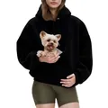Detail van een zwarte oversized hoodie voor dames met een pluche buidel voor huisdieren - S / Tops / Zwart
