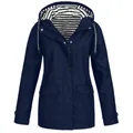 Veste imperméable bleu marine pour femme avec doublure de capuche rayée classique - M / Hauts / Bleu Marine