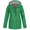 Waterproof green outdoor hooded raincoat windbreaker with striped lining and pockets - S / Tops / Green