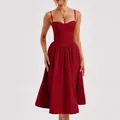 Detailed view of burgundy French vintage midi dress with corset bodice and straps - S / Bottoms / Red